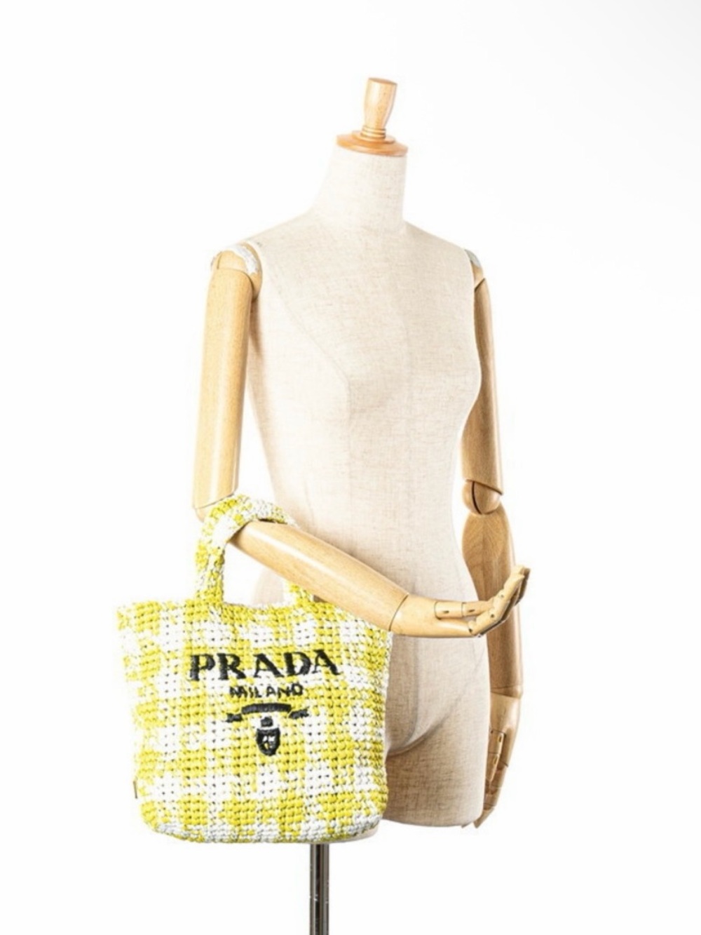 PRADA Authentic! Small Checked Raffia Logo Tote - Picture 3 of 16
